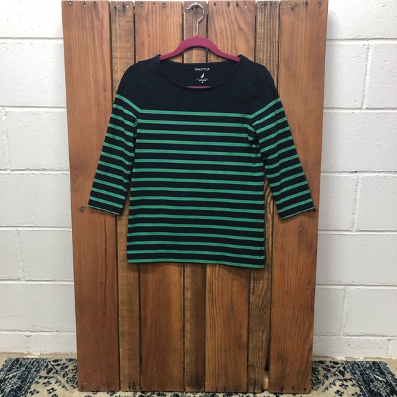 Nautica size medium green and navy striped top - Picture 2 of 8